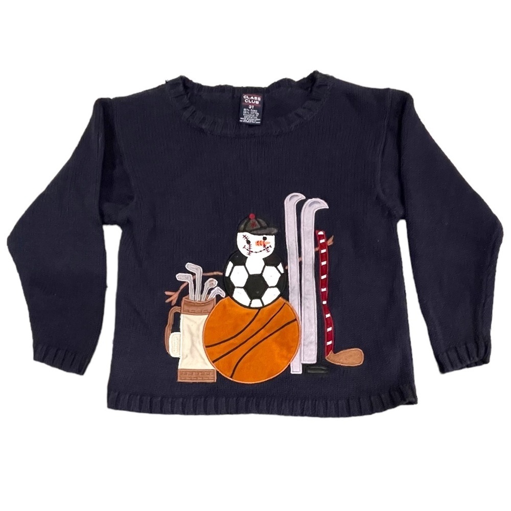 𝅺class Club Size 3T Appliquéd Sporting Snowman on a Navy Sweater